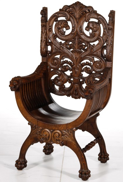 Highly Carved American Oak Savonarola Chairs
