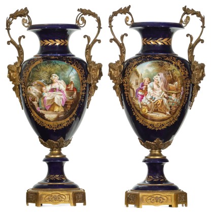 A Large Pair of 33‑inch Sèvres Floor Vases, Signed T. Quentin