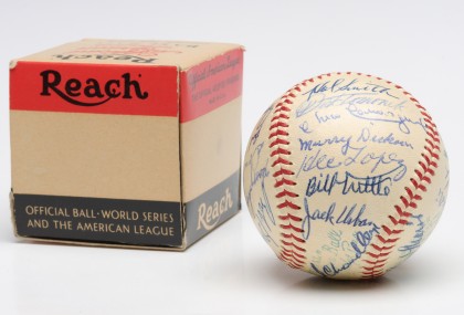 Four 1958 Kansas City Athletics Roger Maris Team Signed Baseballs with PSA DNA Authentication and Original Box