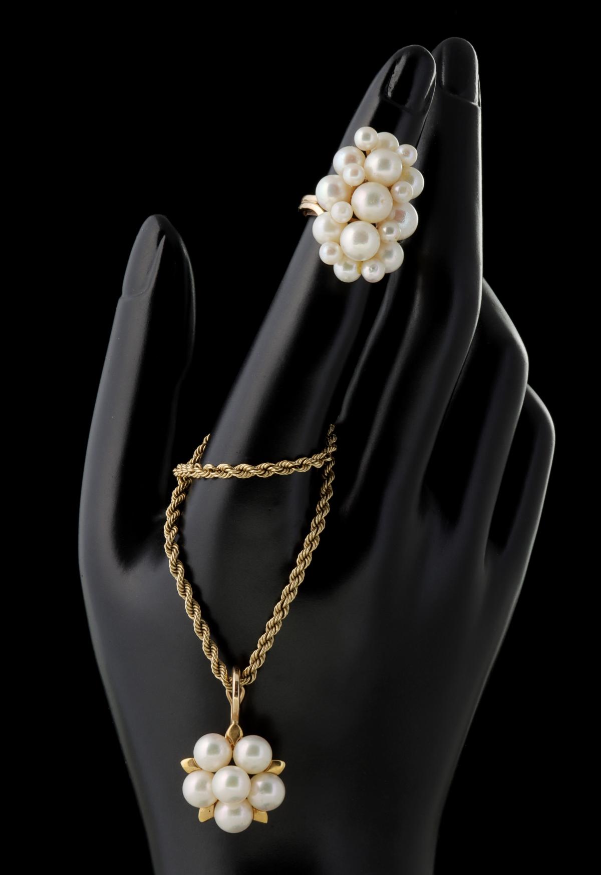 CULTURED PEARL CLUSTER 14K GOLD RING AND NECKLACE