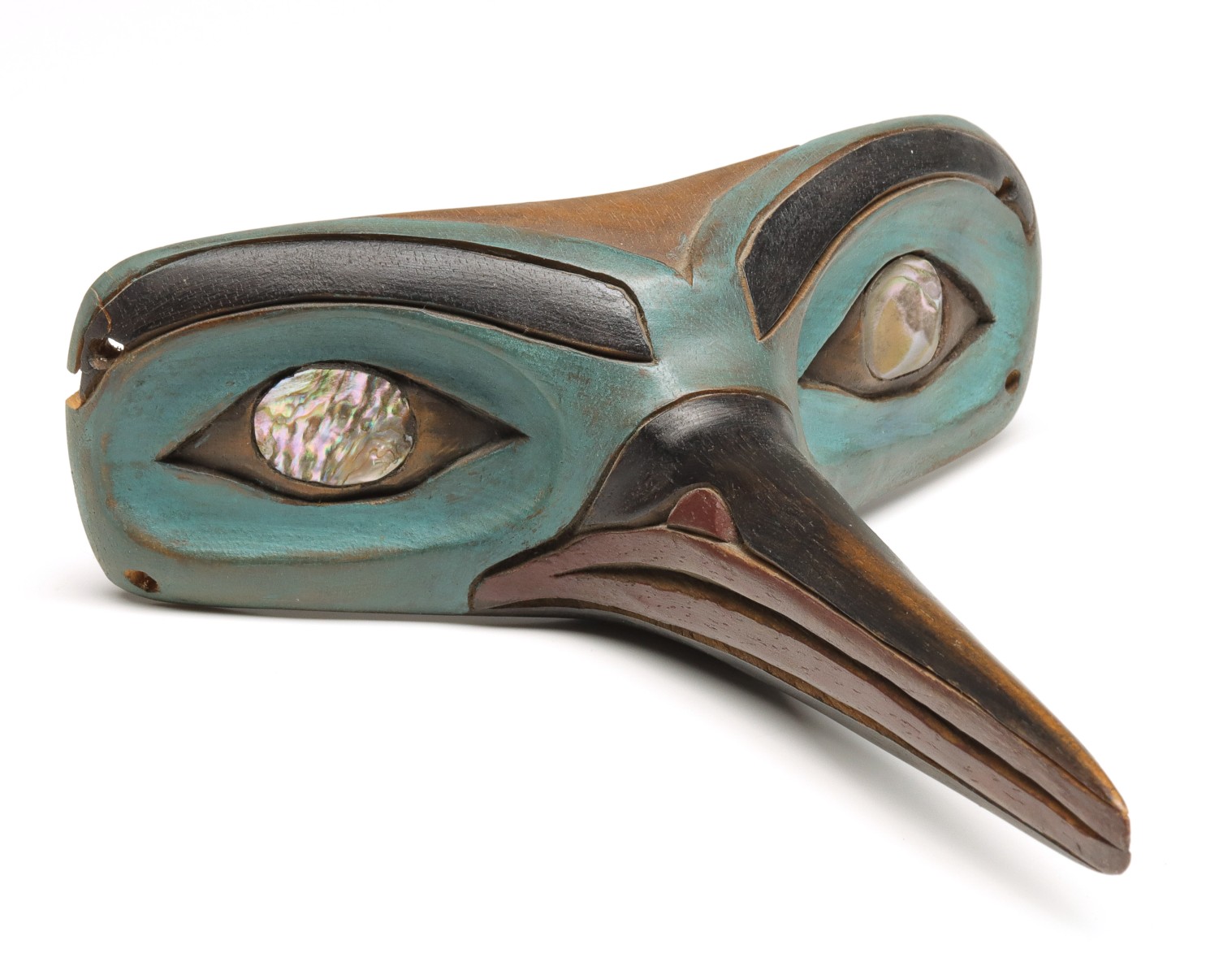 A FINE CARVED WOOD TLINGIT MOSQUITO MASK WITH ABALONE