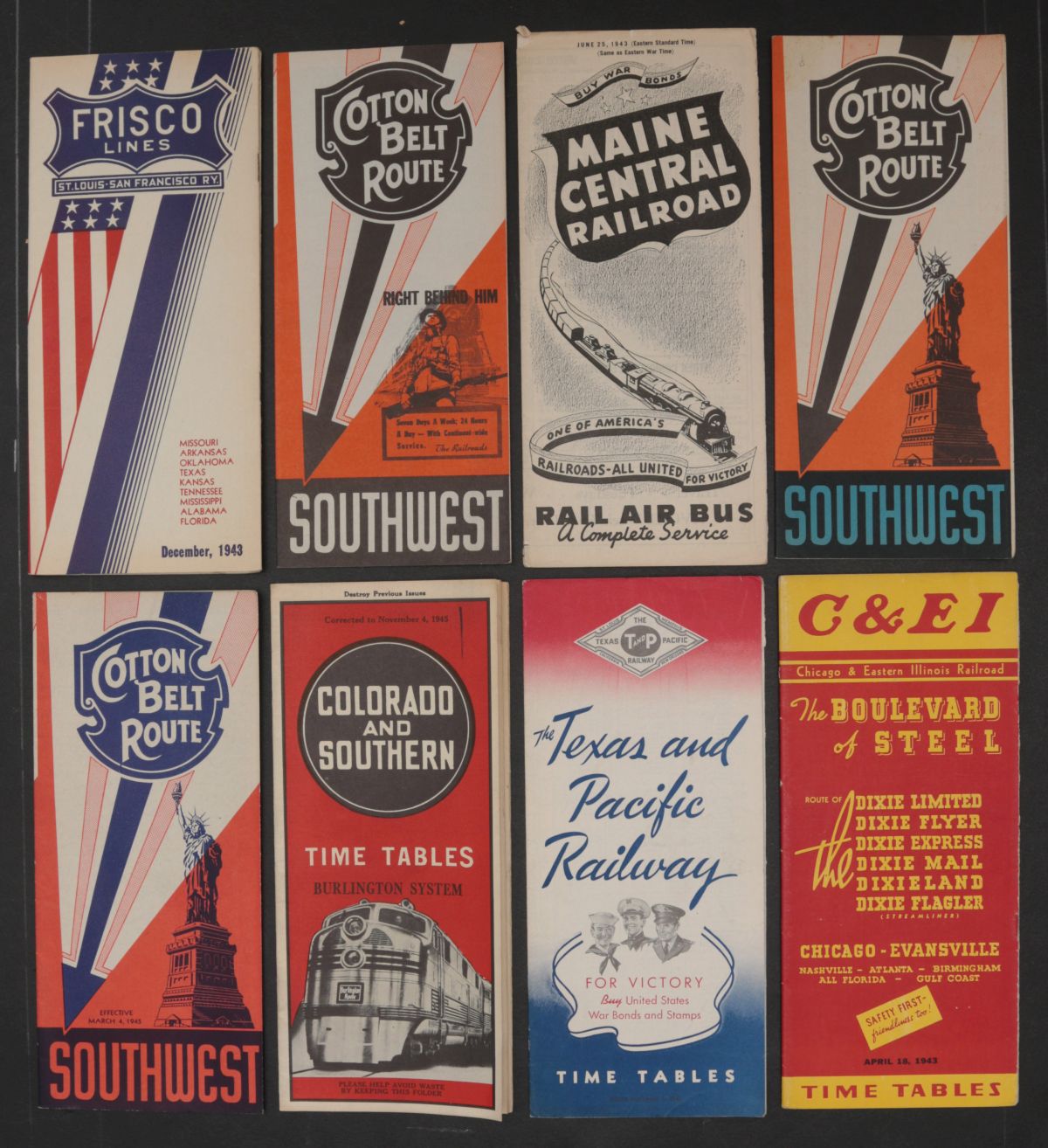 25 TIMETABLES FROM 18 DIFFERENT 1940s RAILROADS