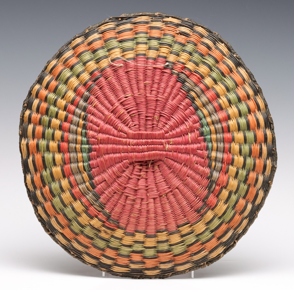 A BRIGHTLY COLORED HOPI WICKER BASKETRY TRAY C. 1930