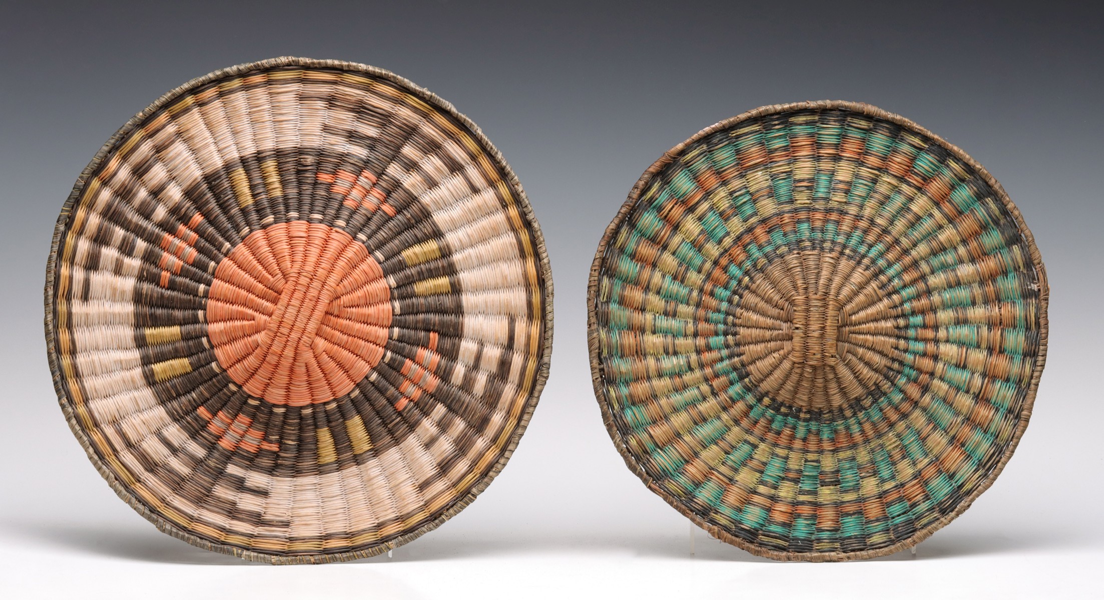 TWO GOOD BRIGHTLY COLORED HOPI WICKER BASKETRY PLAQUES