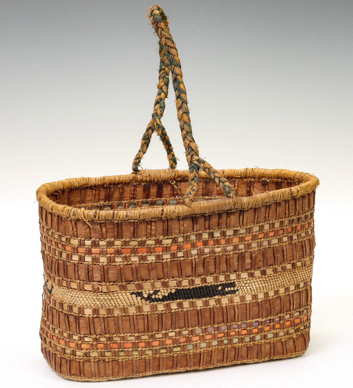 A MAKAH NORTHWEST COAST PICTORIAL BASKET WITH HANDLES