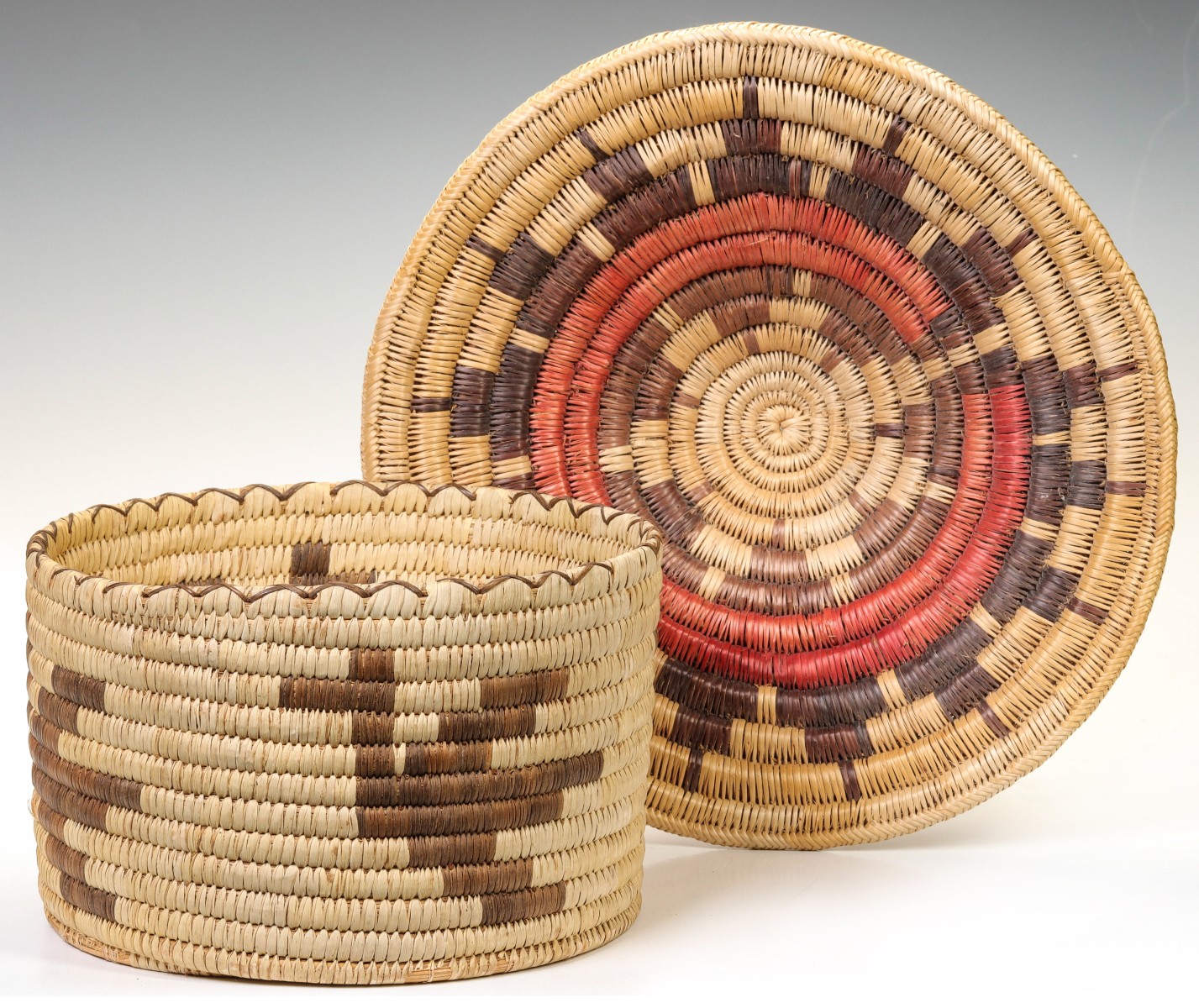 A LARGE PICTORIAL BASKET AND HOPI WEDDING TRAY