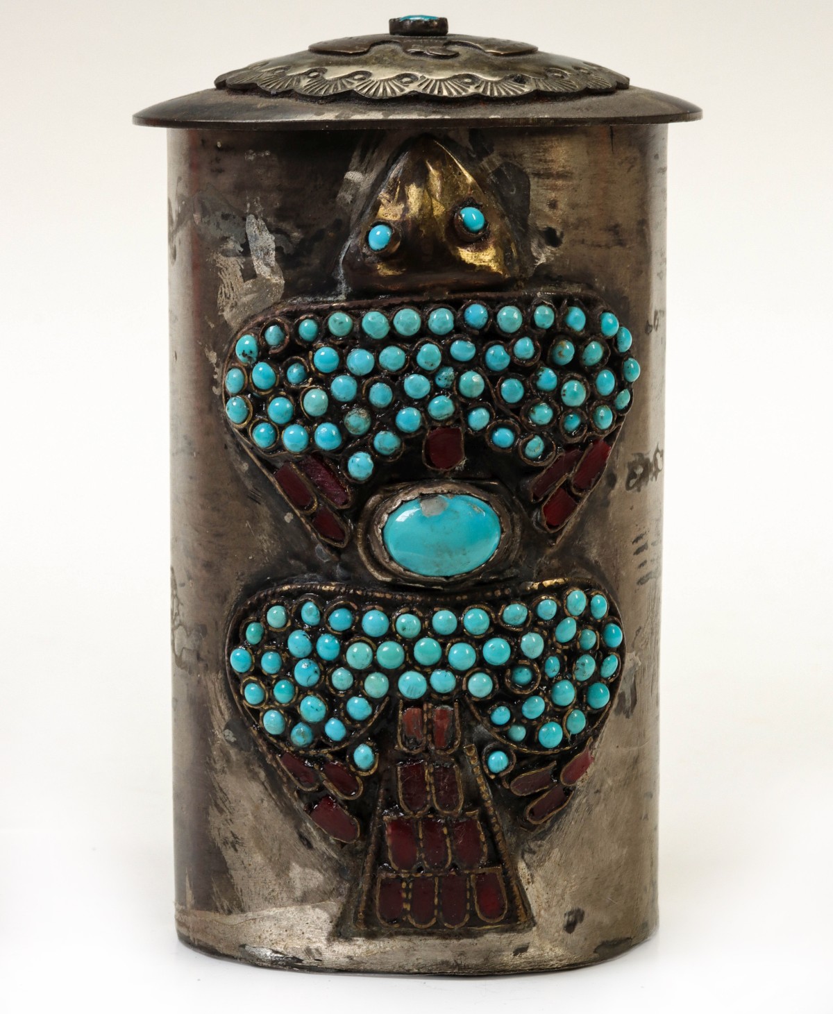 A METALWORK CONTAINER WITH TURQUOISE AND ATTRIBUTION