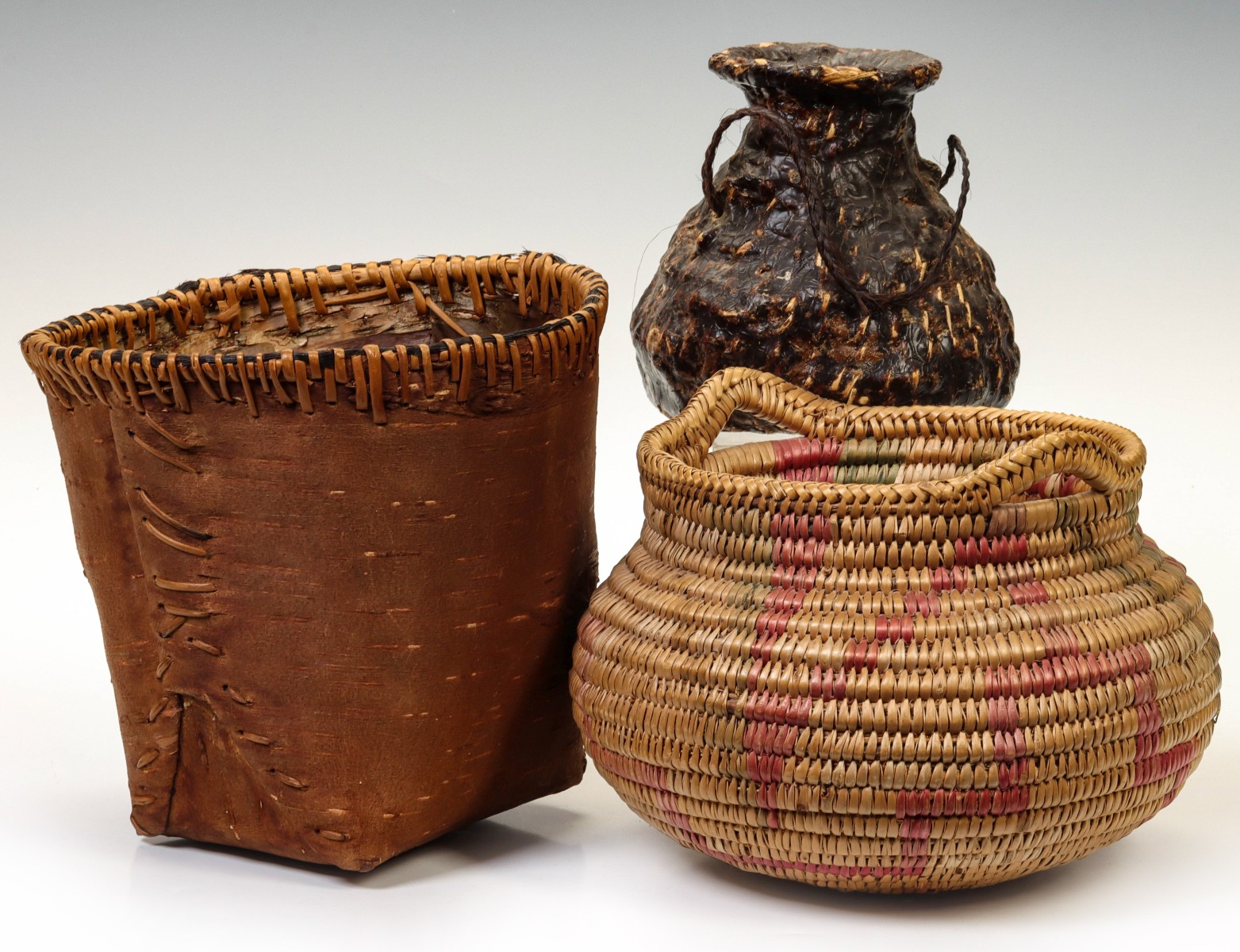 TWO APACHE BASKETS AND A BIRCH BARK CONTAINER