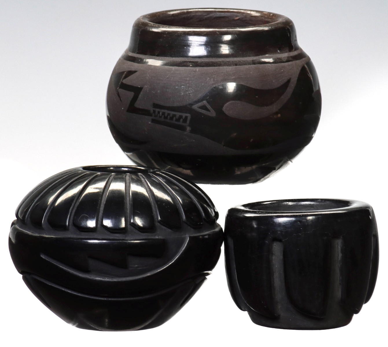 THREE PIECES CARVED AND POLISHED SANTA CLARA POTTERY