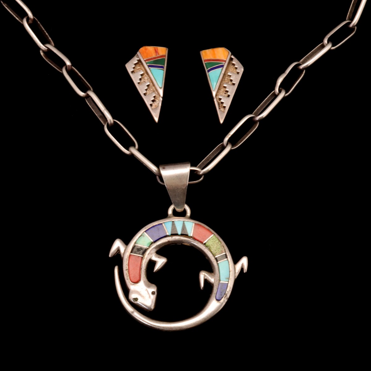 STERLING NECKLACE AND EARRINGS WITH INLAY SIGNED BEGAY