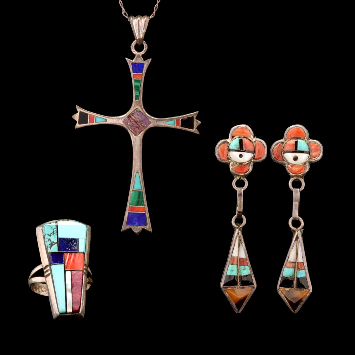 CONTEMPORARY NAVAJO INLAID STERLING SILVER JEWELRY