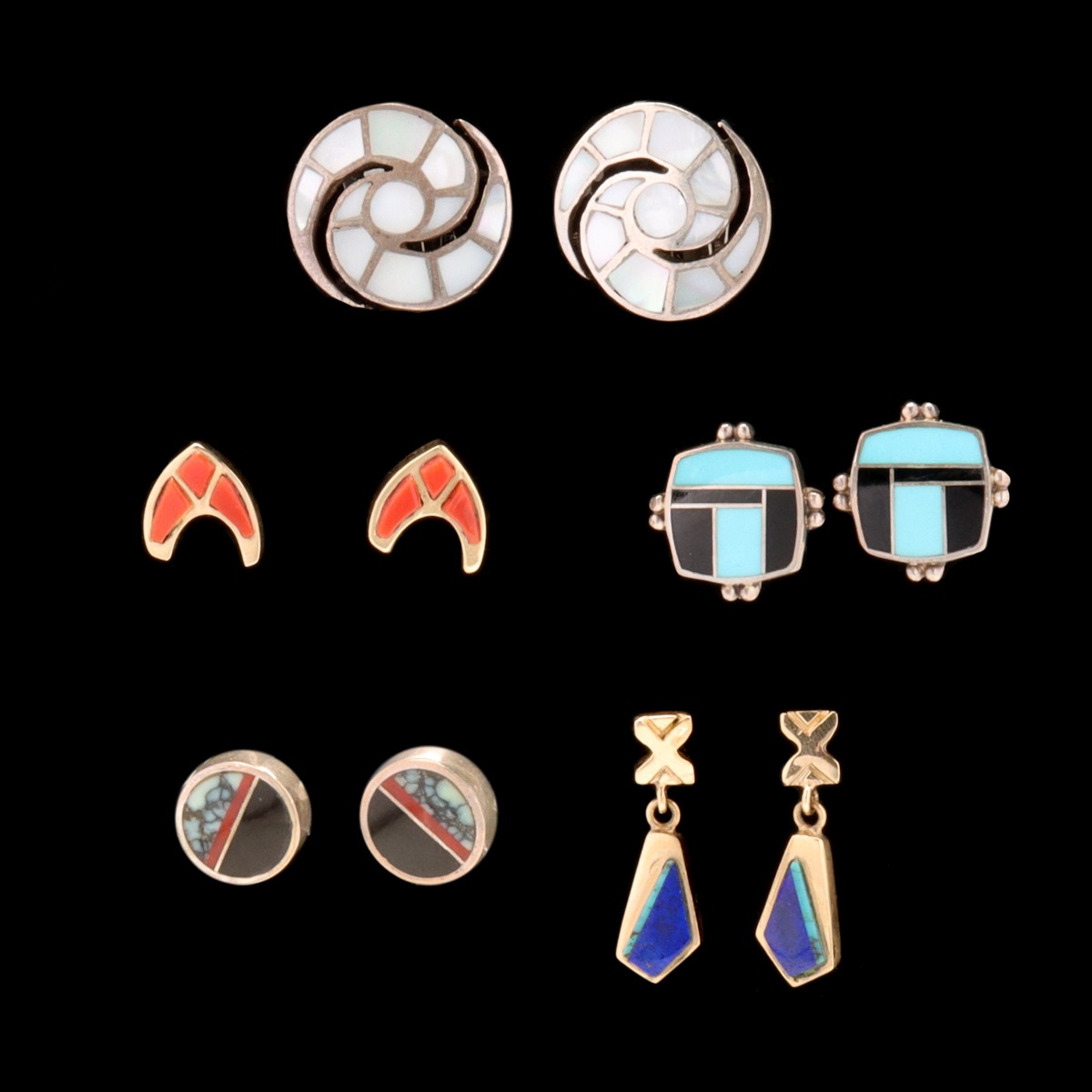 NAVAJO STERLING SILVER AND 14K GOLD EARRING PAIRS (5)
