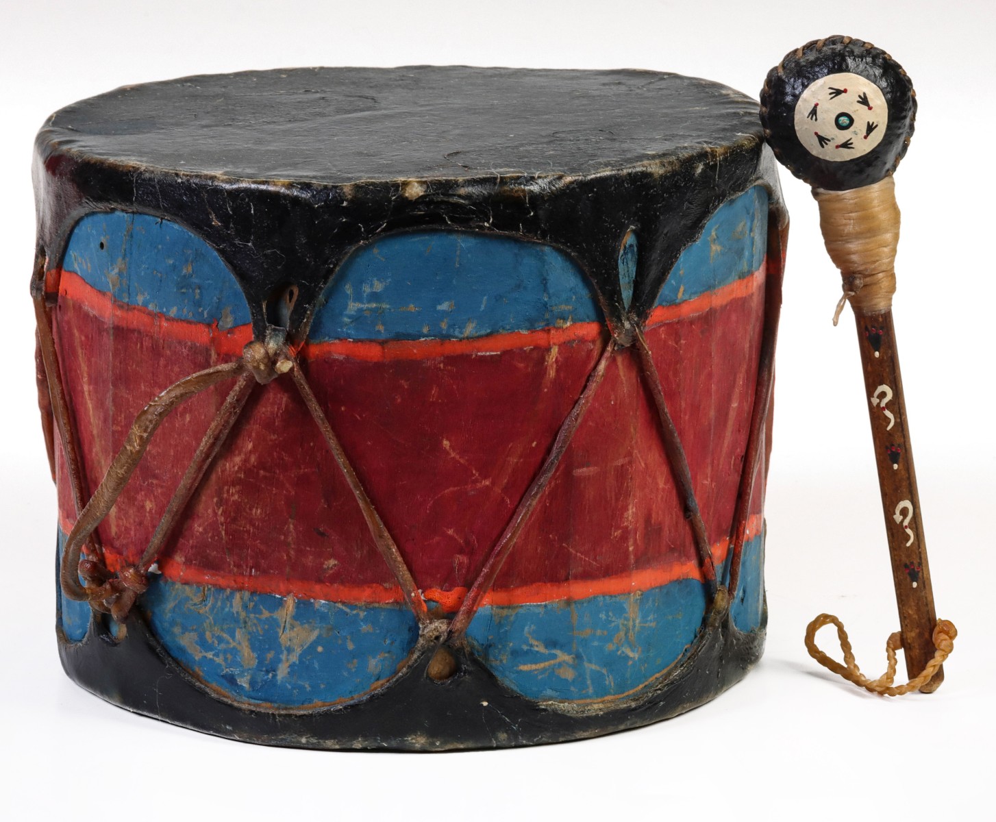 A PAINTED HIDE AND COTTONWOOD TAOS DRUM