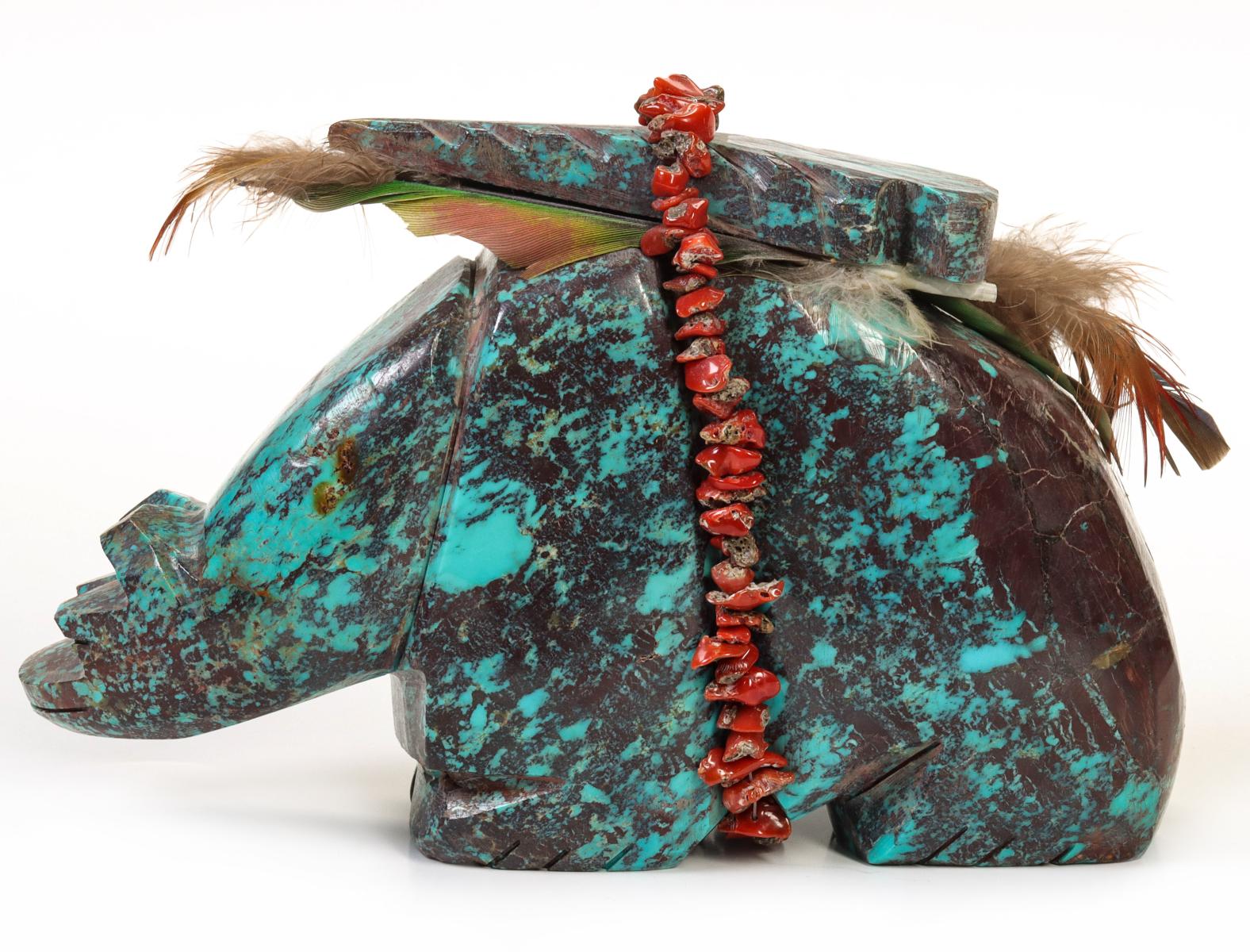 A LARGE ZUNI CARVED CHRYSOCOLLA AND CORAL BEAR FETISH
