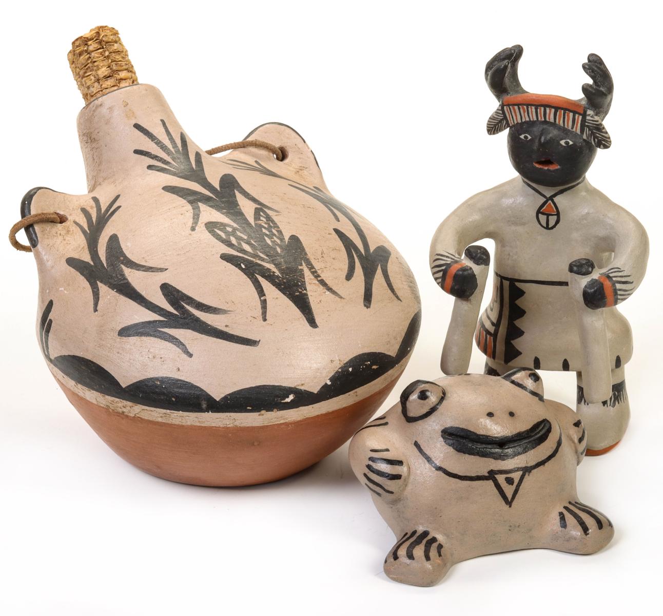 COCHITI NATIVE AMERICAN POTTERY CANTEEN AND FIGURES