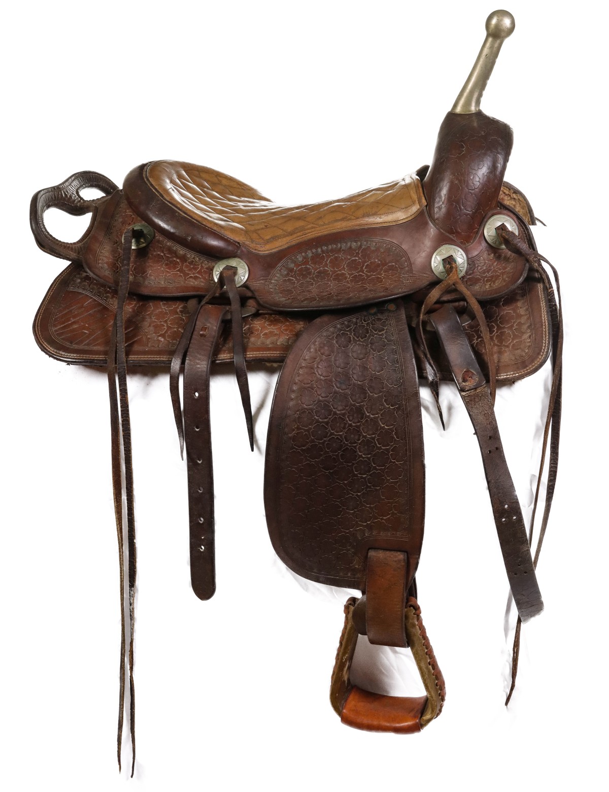 A GOOD TOOLED LEATHER YOUTH TRICK SADDLE STAMPED RHODES
