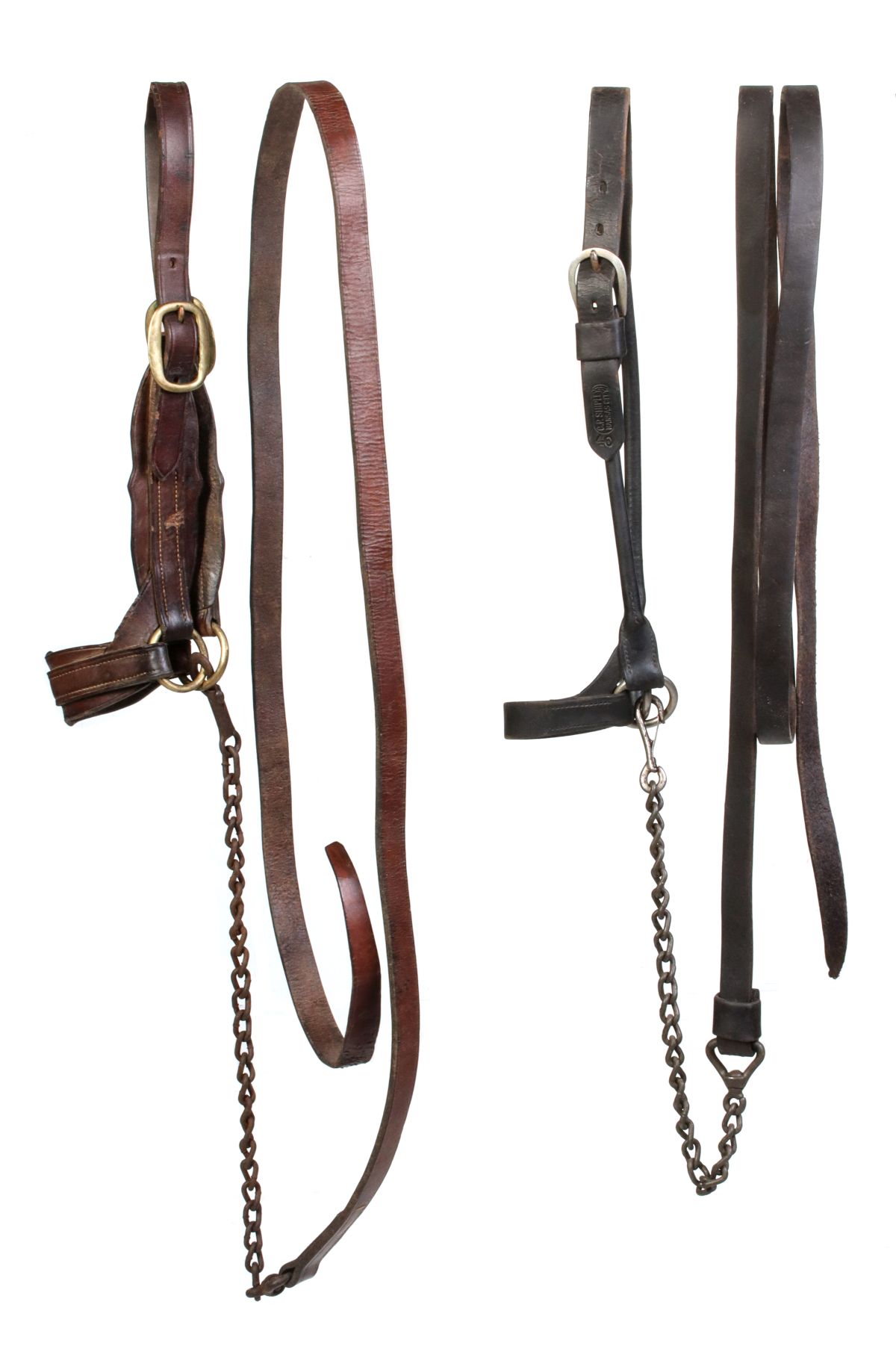 TWO LEATHER HEADSTALLS WITH LEAD STAMPED SHIPLEY
