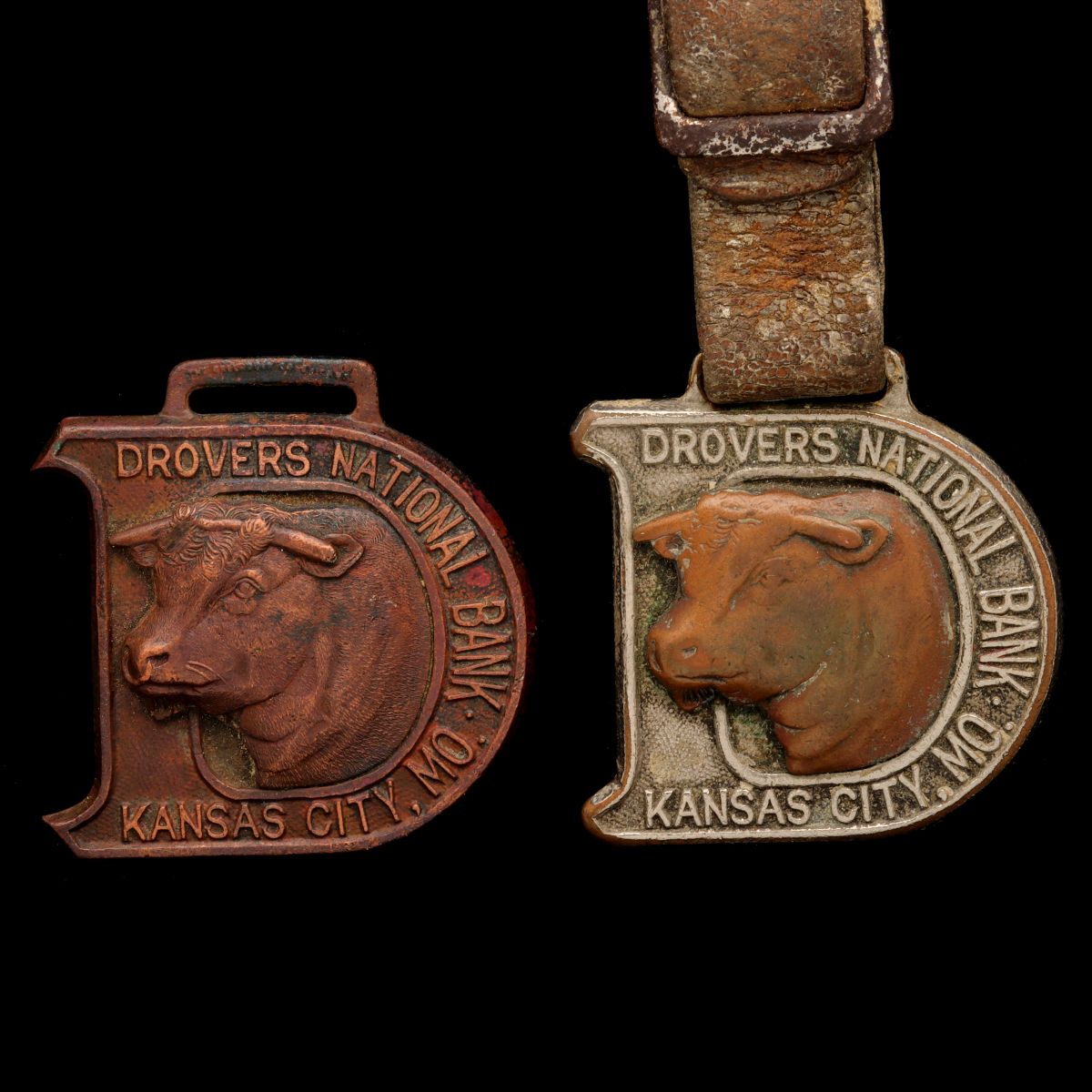 TWO DIFFERENT DROVERS NATIONAL BANK WATCH FOBS C. 1900