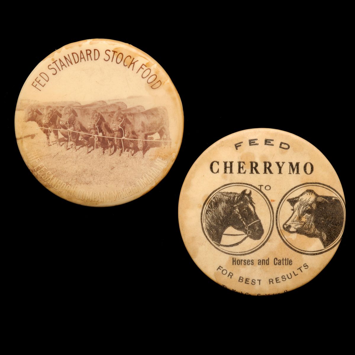 SANBORN OMAHA AND CHERRYMO STOCK FEED PINBACK BUTTONS