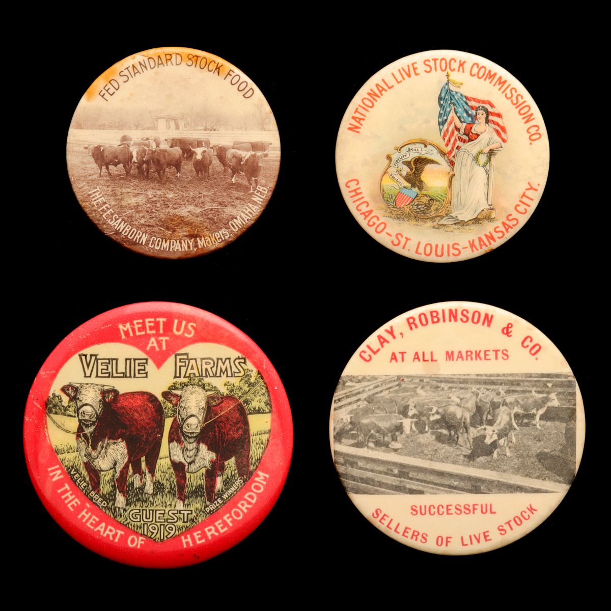 VELIE FARMS, STOCK FOOD & LIVESTOCK COMMISSION BUTTONS