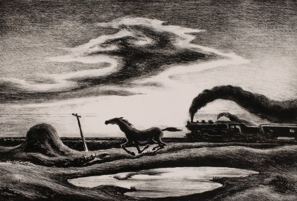 Benton was fascinated by Horses and Steam Locomotives. These images were based on paintings he created in 1955 (top) and 1942 respectively. In Creekmore Fath's catalog raisonne Benton muses, 