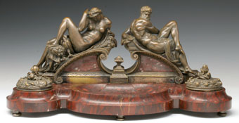 19th century bronze rouge marble double inkwell