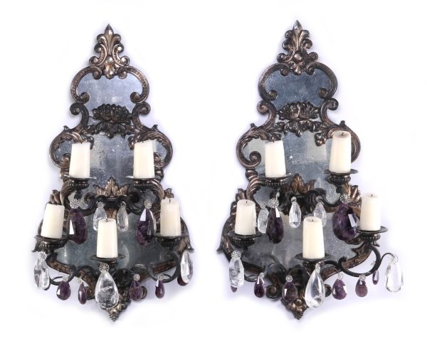 An Exceptional Pair of Large Mirrored Girandoles Dressed with Rock Crystal Prisms