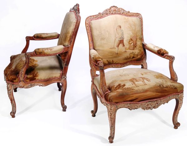 A Pair of 19th C. Fauteuils en Cabriole with Tapestry Covering