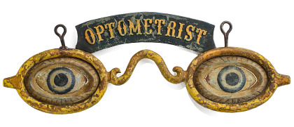 Collection of Optometrist Trade Signs in Wood, Tin, Iron and Old Paint
