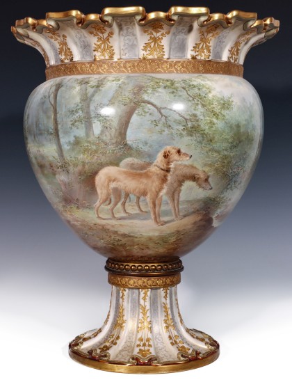 A Doulton Jardiniere for Tiffany & Co., Signed Henry Mitchell, measures 18 x 14 inches
