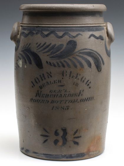 Possibly Unique Merchant's Crock for John Clegg of Round Bottom Ohio