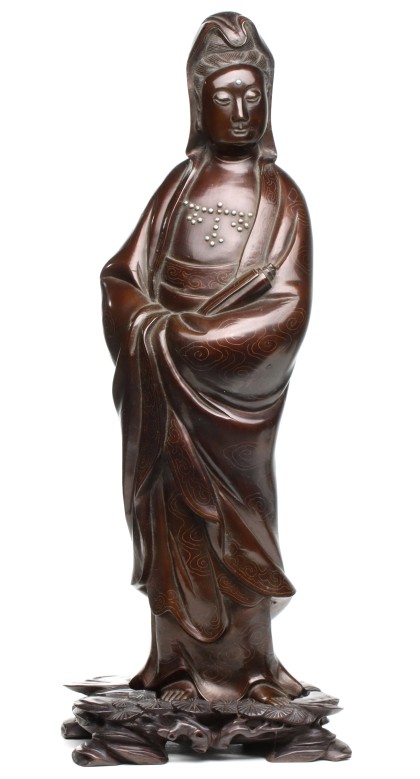A Qing Dynasty 19th C. Silver Inlaid Bronze Figure of Quan Yin