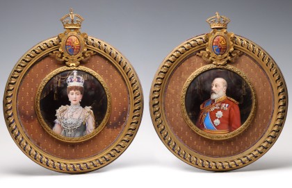 King George V and Queen Mary of England Enamel Plaques in Bronze Ormolu