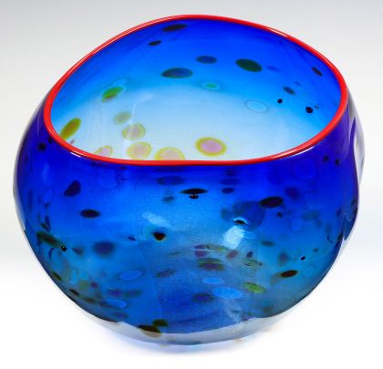 Dale Chihuly Cobalt Blue Basket with Candmium Red Lip