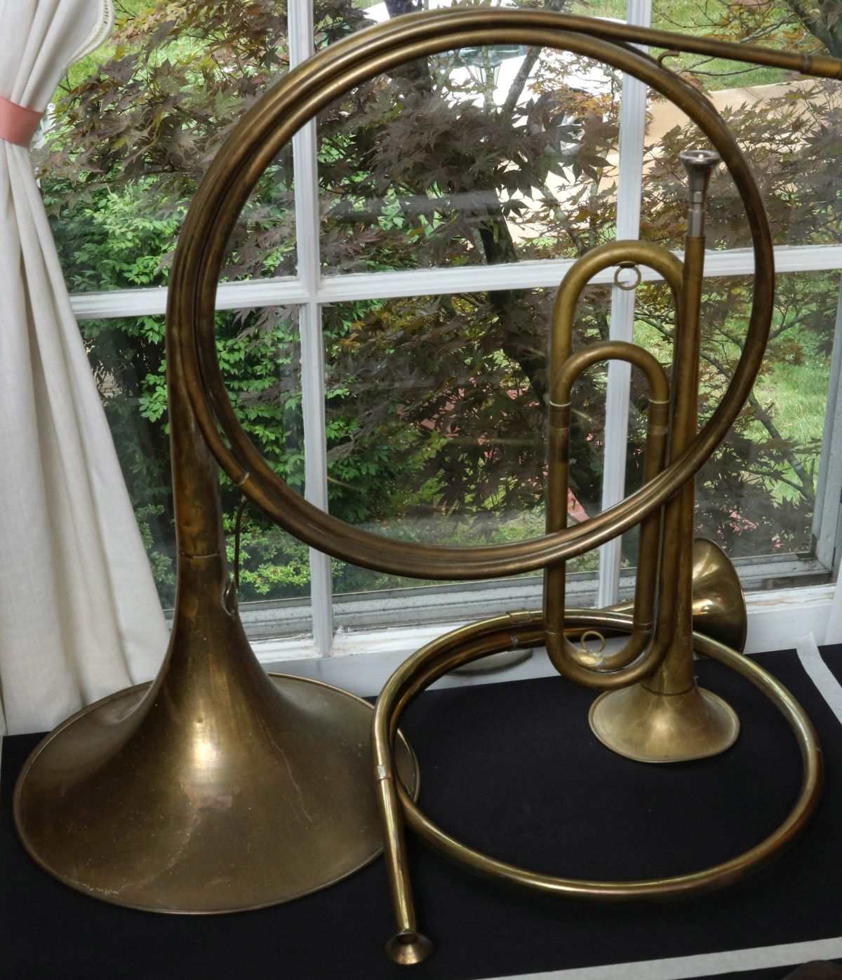 SOLID BRASS BUGLE AND FRENCH HUNTING HORNS