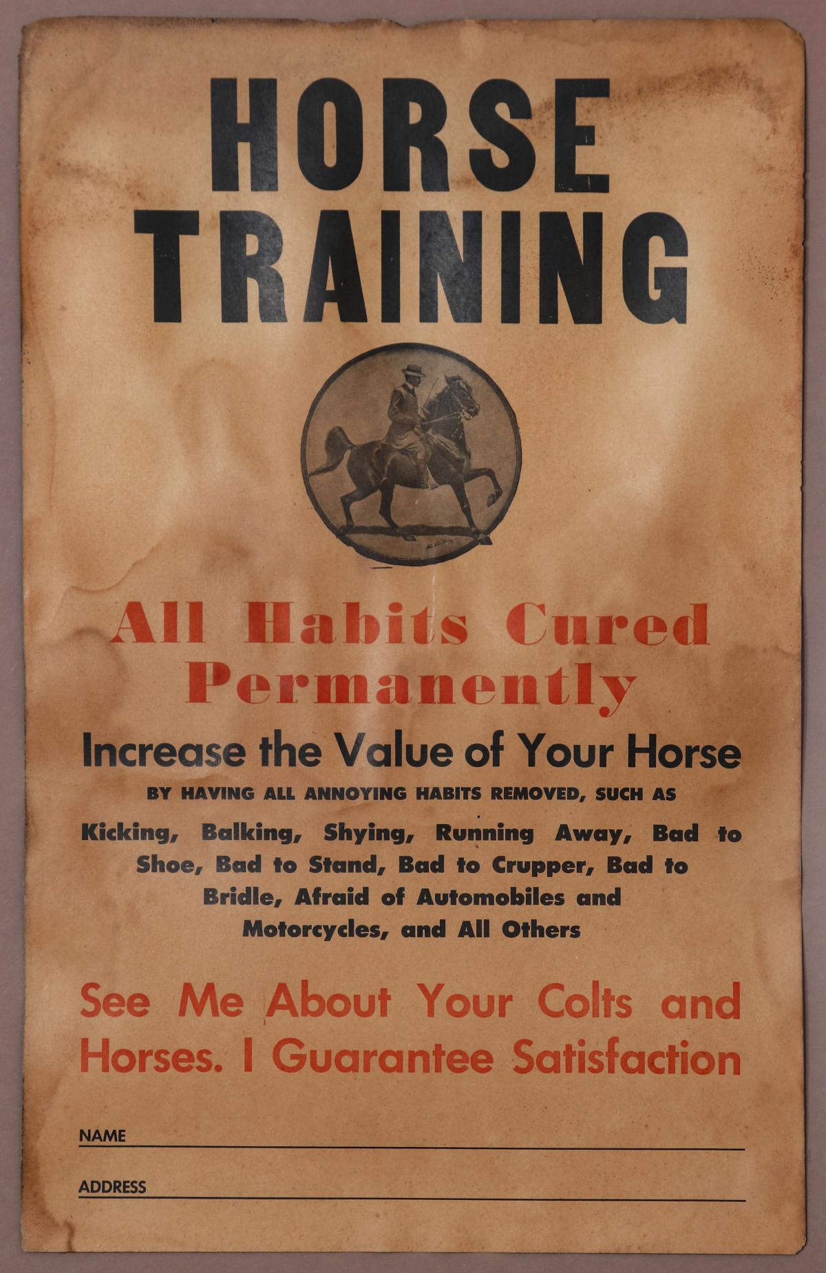 AN EARLY 20C. PLACARD ADVERTISING HORSE TRAINING