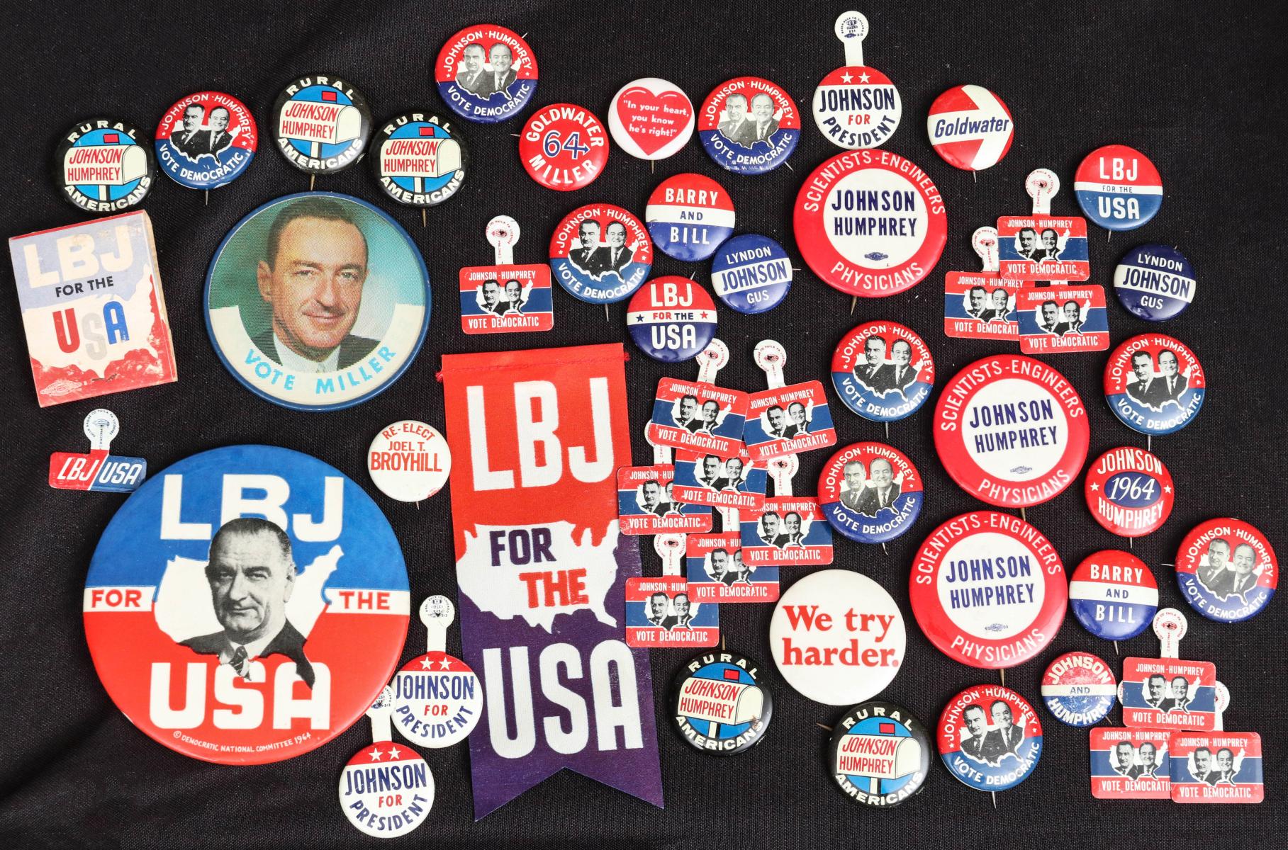 50 POLITICAL PINS FOR THE 1964 DEMOCRATIC TICKET