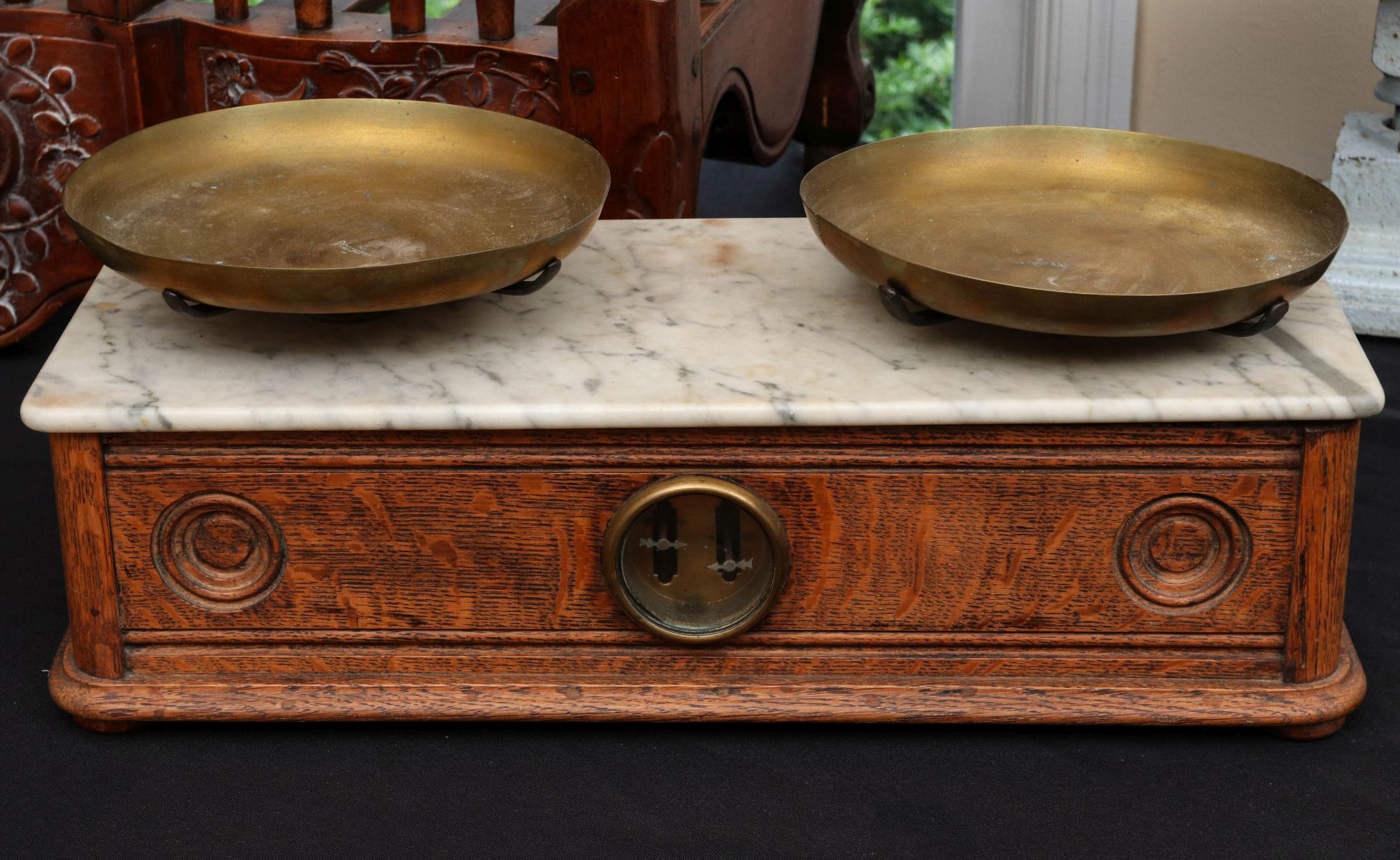A PAIR LATE 19C. OAK APOTHECARY SCALES WITH MARBLE