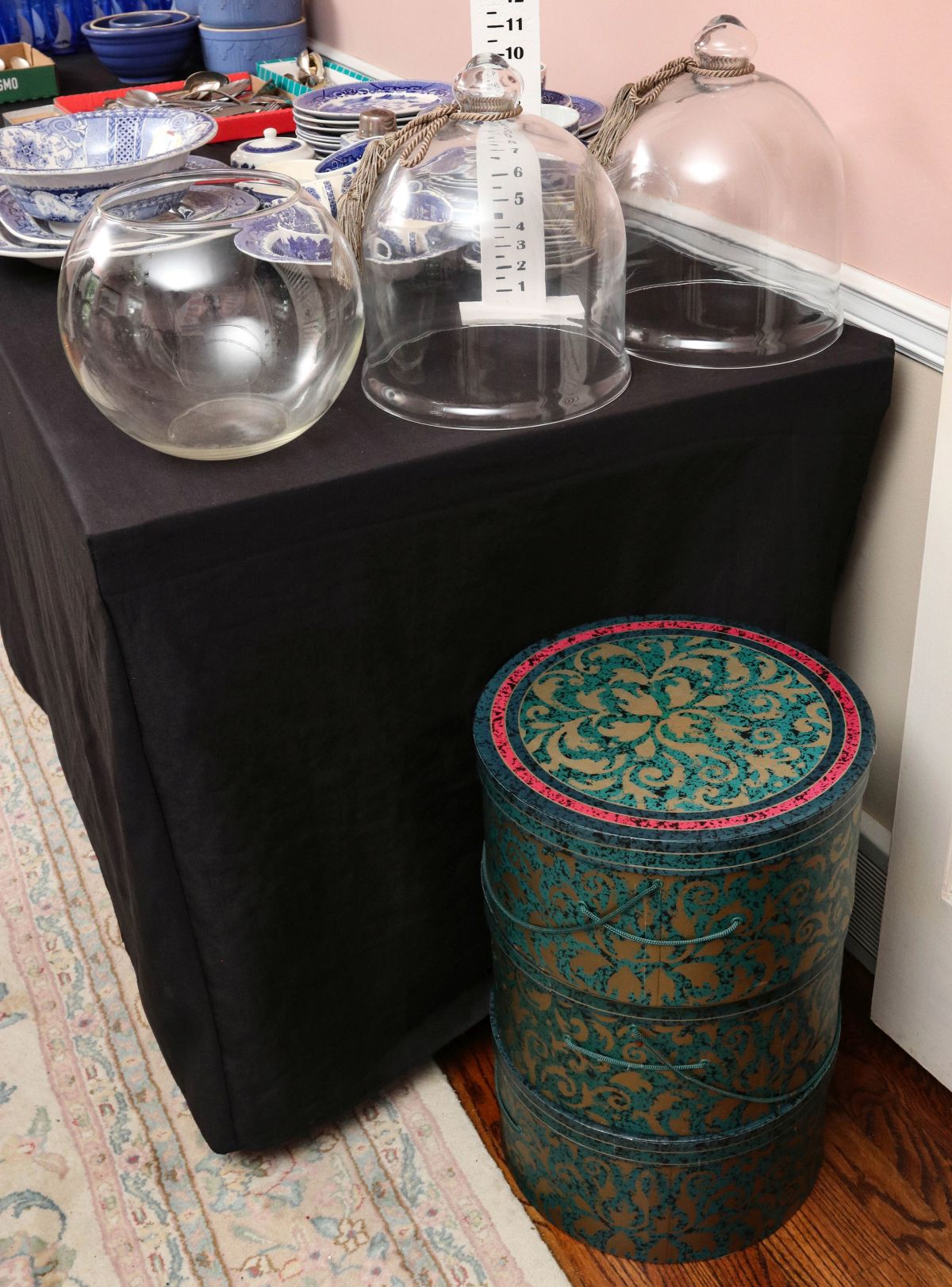 THREE HAT BOXES, TWO GLASS DOMES, GLASS FISH BOWL