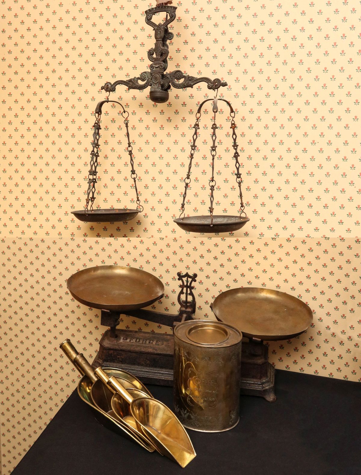 TWO ANTIQUE SCALES, FOUR BRASS SCOOPS, MORE