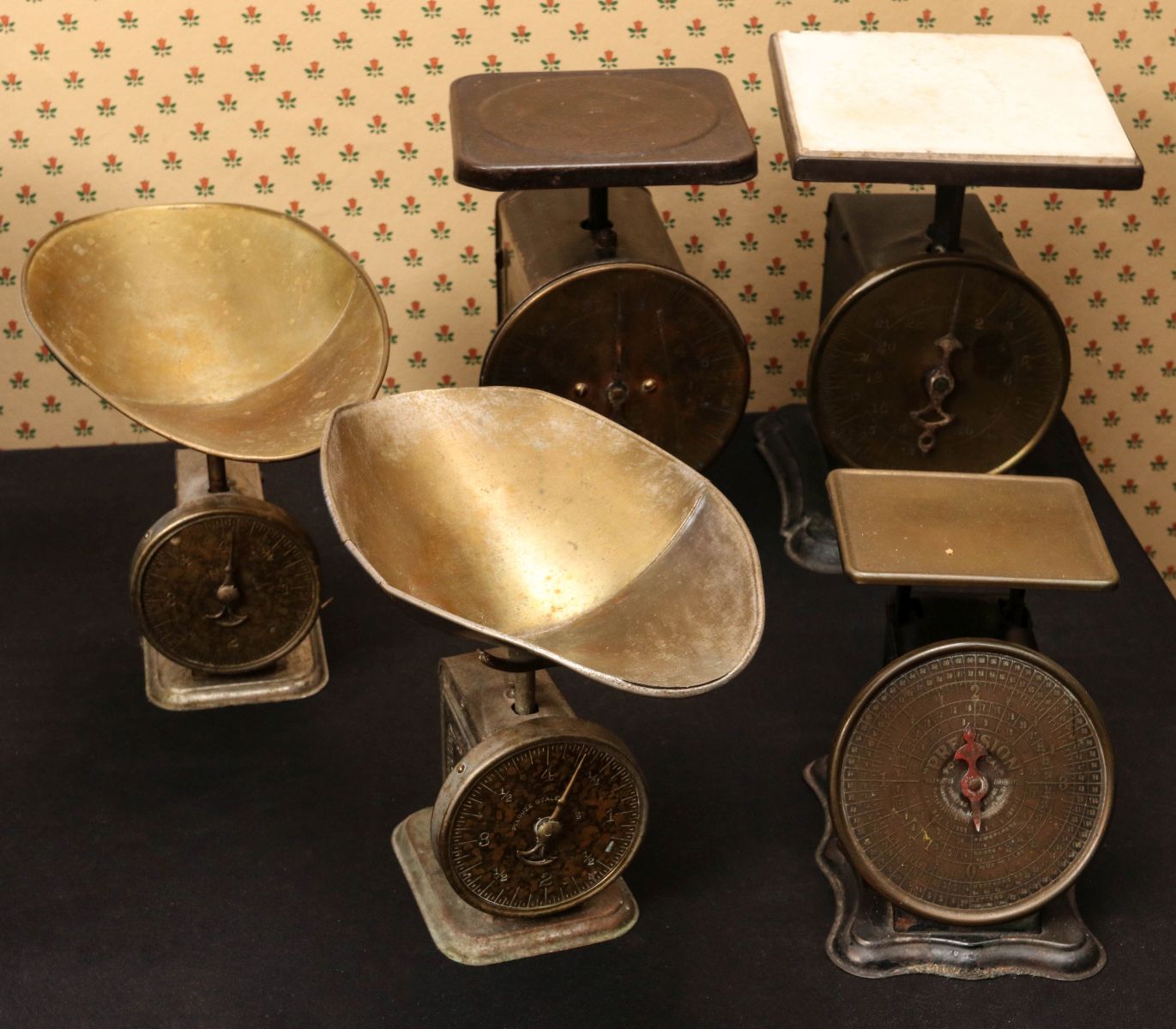 FIVE ANTIQUE KITCHEN SCALES WITH BRASS DIALS