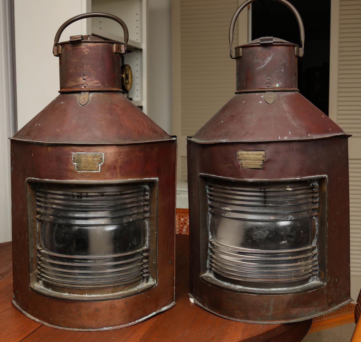 A PAIR LARGE COPPER PORT AND STARBOARD LANTERNS