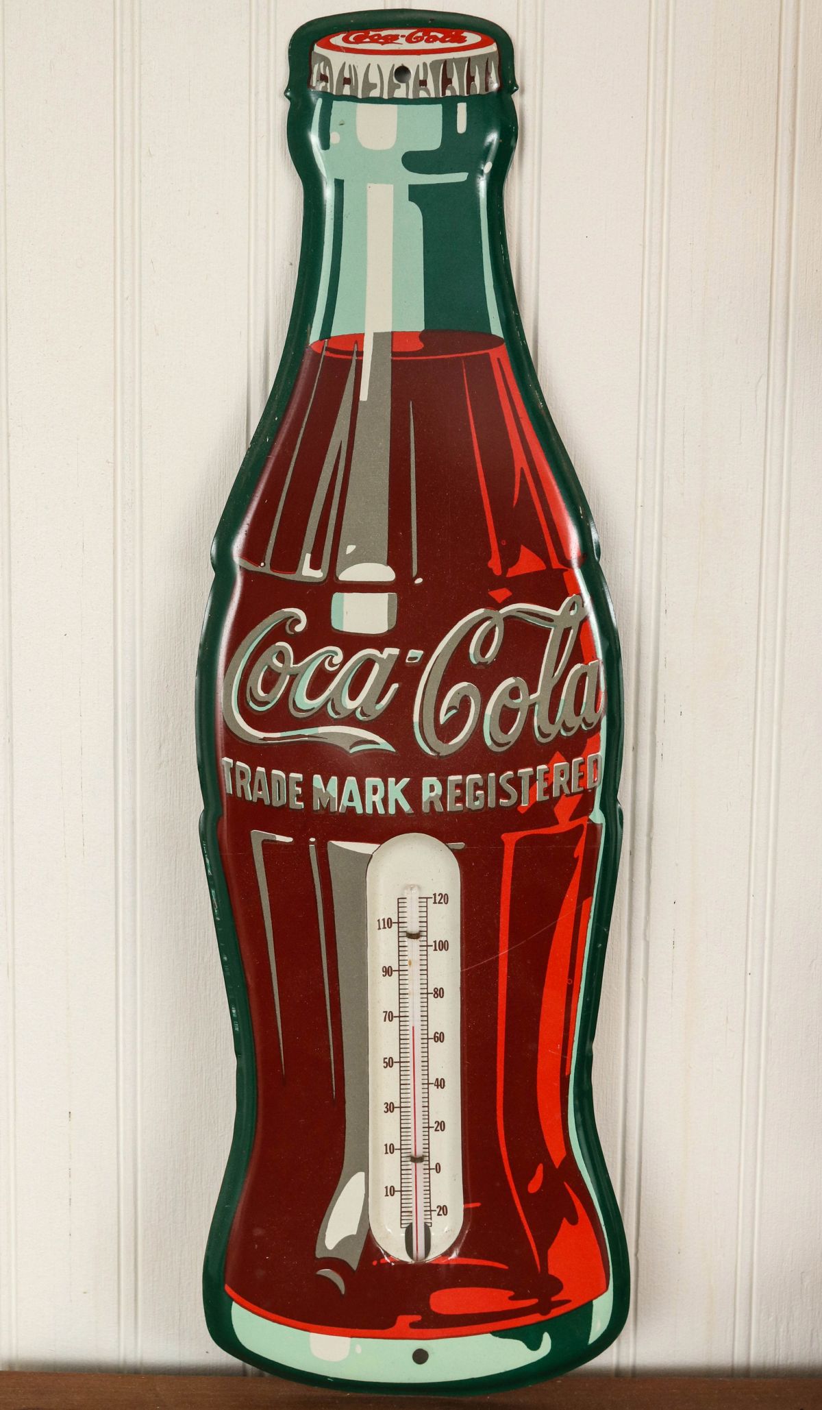 A 1950s COCA-COLA TIN LITHO BOTTLE SIGN THERMOMETER