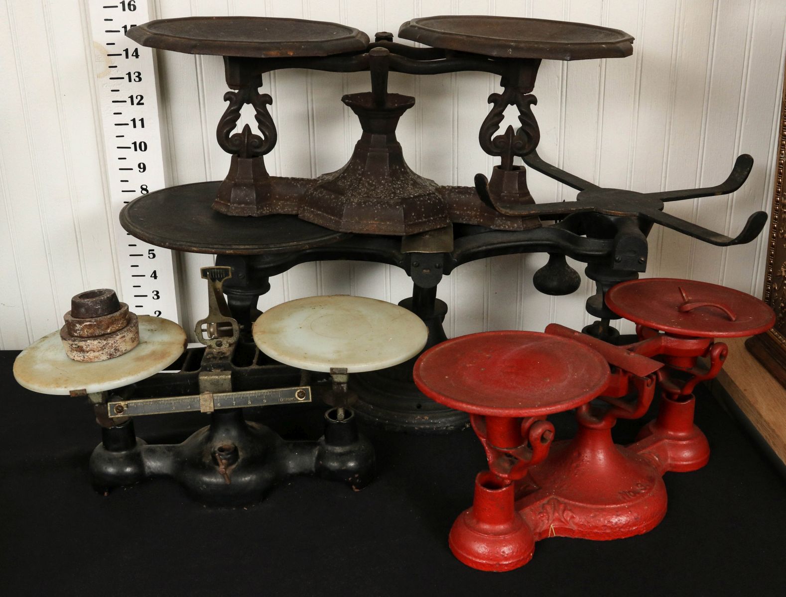 FIVE SETS OF IRON, BRASS AND OTHER ANTIQUE SCALES