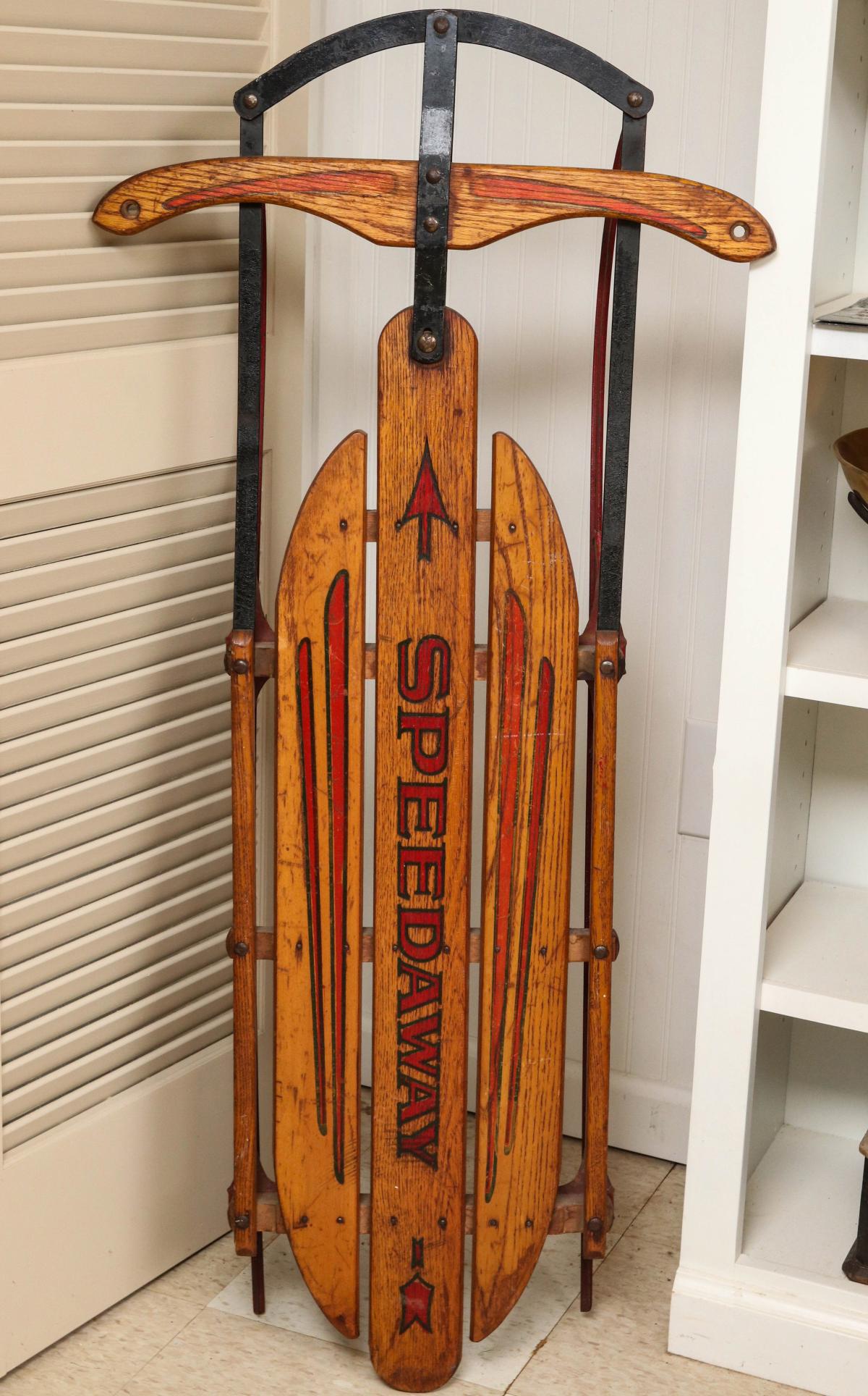 A SPEEDWAY VINTAGE WOOD & IRON SNOW SLED