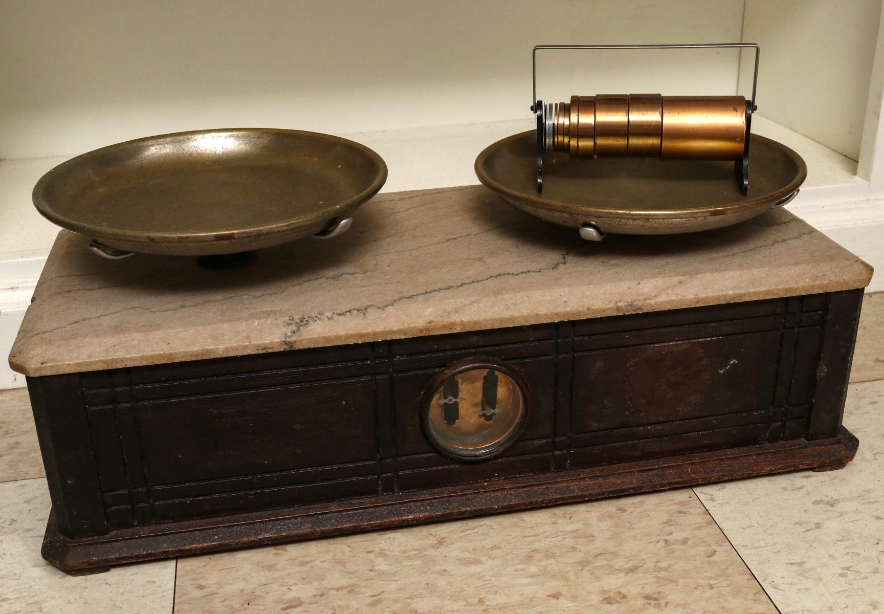 A PAIR 19TH C. MARBLE TOP APOTHECARY SCALES