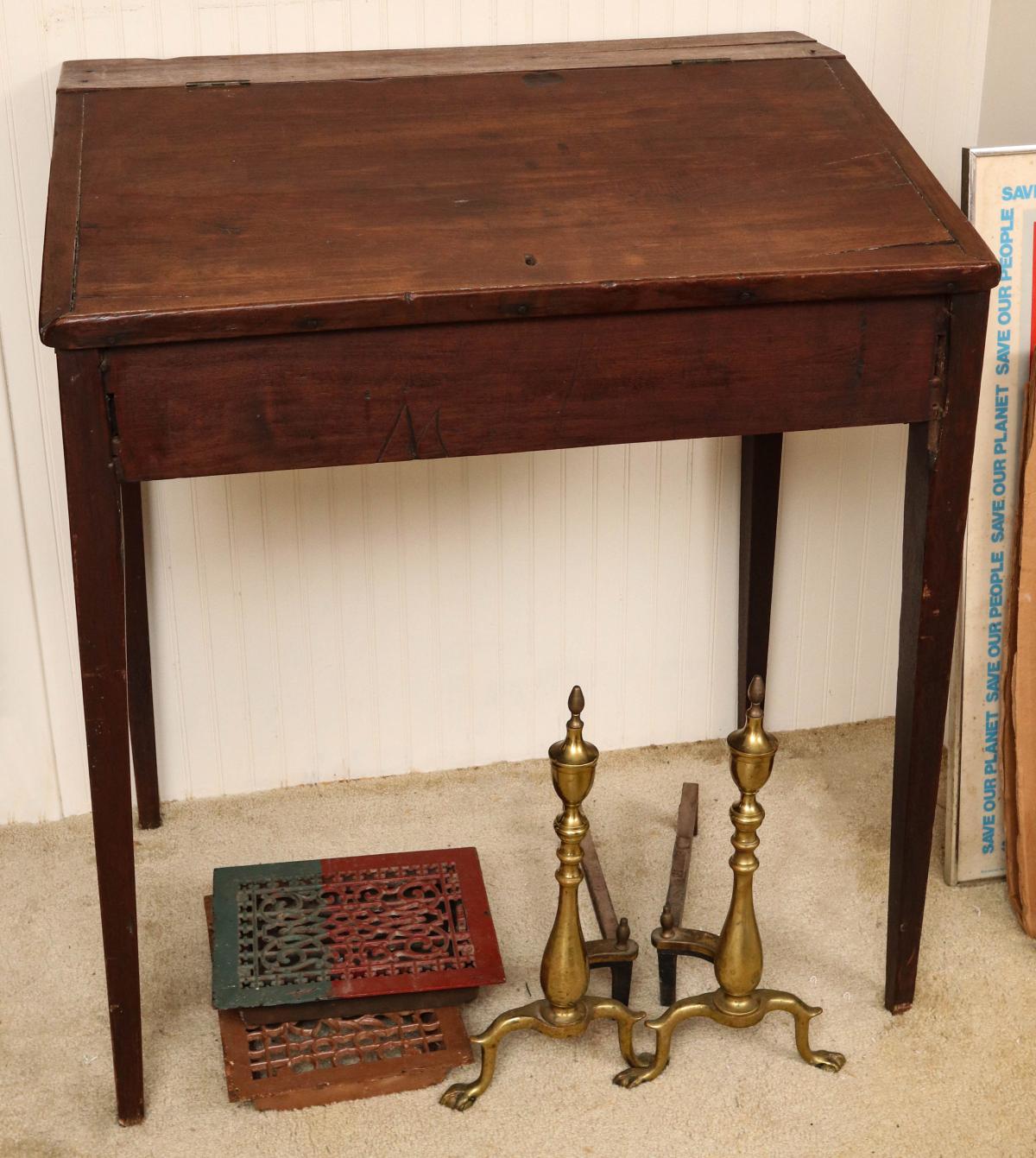 A 19TH CENT WALNUT SCHOOL MASTER'S DESK AND MORE