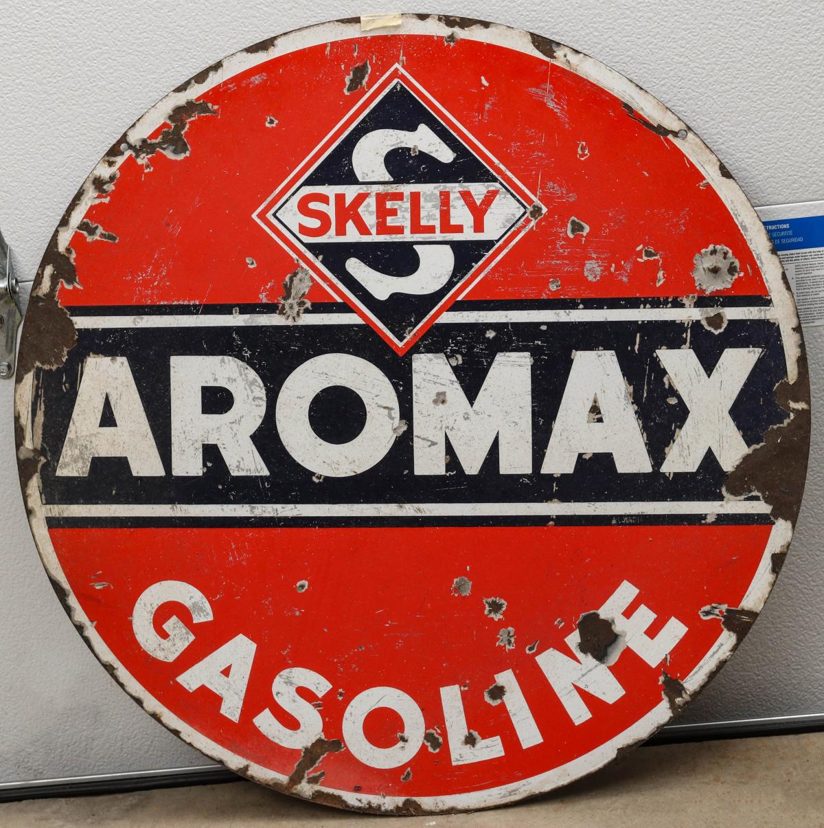 A SKELLY AROMAX DOUBLE SIDED PORCELAIN ENAMEL SIGN
