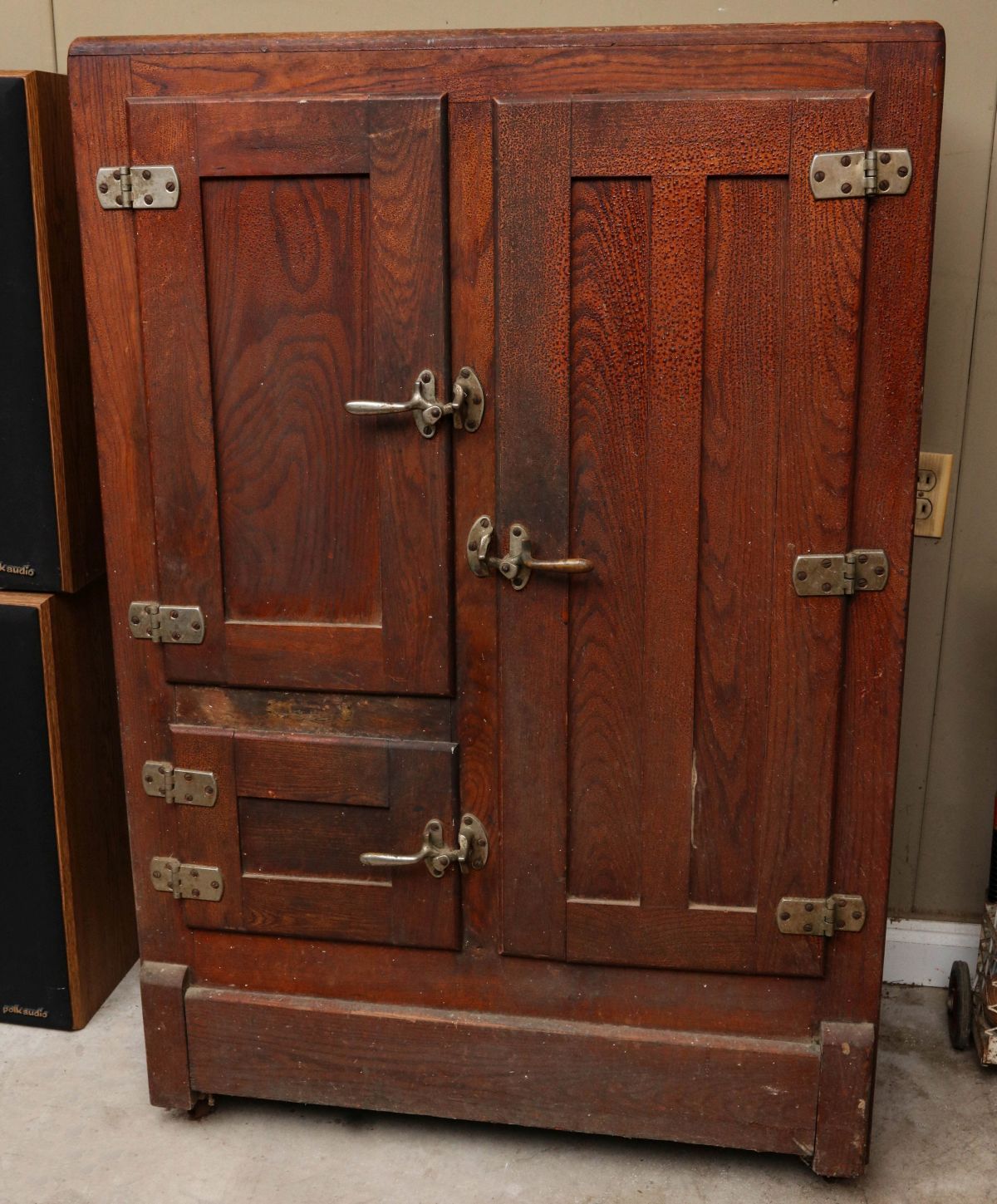 AN ASH WOOD THREE DOOR ICE BOX CIRCA 1900