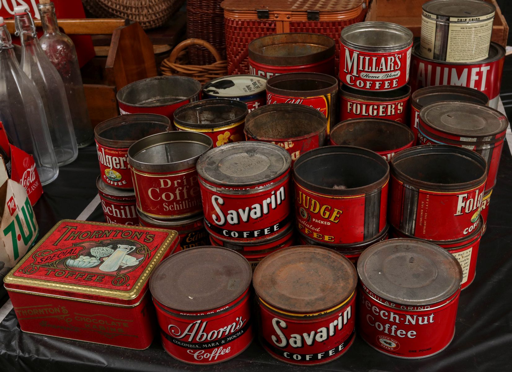 A LARGE COLLECTION VINTAGE ONE POUND COFFEE TINS